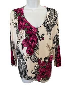 White House Black Market XL Floral Paisley Rhinestone Snap Cardigan Sweater
